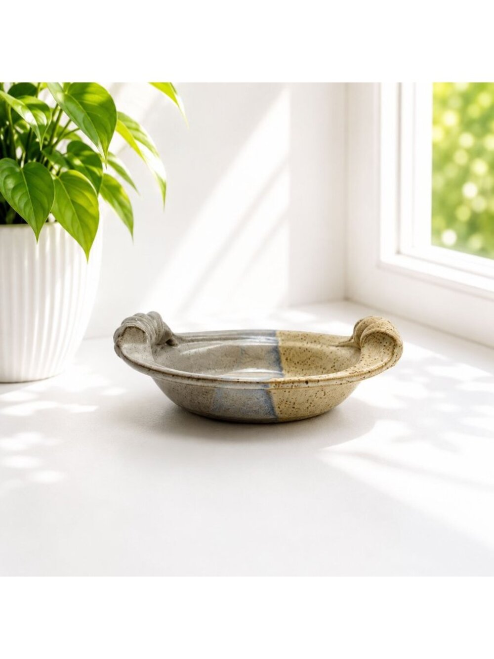 Handcrafted Ceramic Bowl With Swirl Handles Speckled Blue & Beige Glaze Signed H